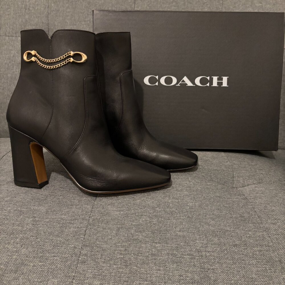 Coach Black Leather Ankle Boots with Gold Chain Accent